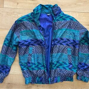 Vintage Silk Jacket Teal & Royal Blue Geometric Zip Jacket Fuda International